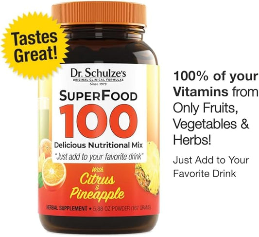 Dr. Schulze's SuperFood 100 Nutritional Mix100% Vitamins | Only Fruits, Vegetables & Herbs | Citrus Pineapple Flavor Powder 5.88 oz | 30 Servings