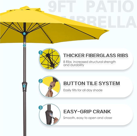 PatioKingdom 9FT Patio Outdoor Umbrella-UPF 50+ Sun Shade with Wind Vent, Push-Button Tilt & Smooth Crank Lift, Rust-Resistant Fiberglass Frame for Garden, Backyard,Yard