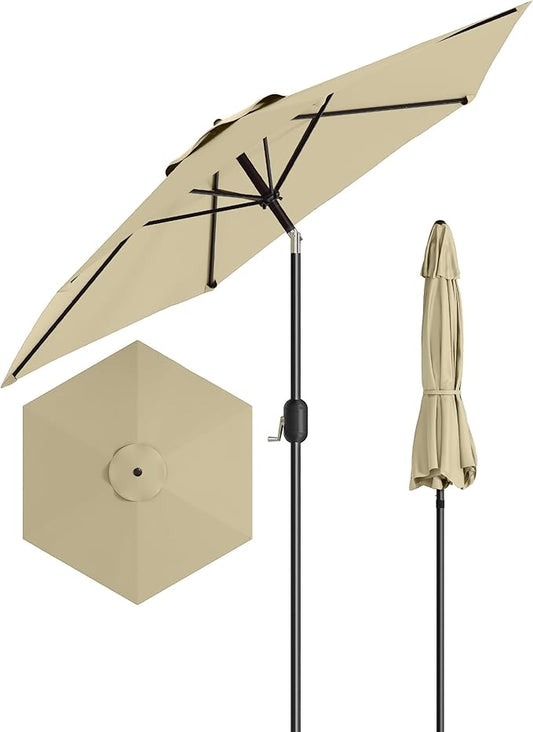 7.5FT Patio Umbrella Outdoor, Market Umbrella, Table Umbrella with Push Button Tilt and Crank, 6 Sturdy Ribs UV Protection Waterproof for Garden, Pool, Deck, Backyard (Beige)