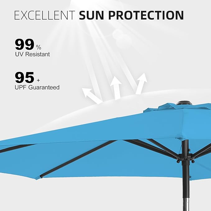 wikiwiki 11 FT Patio Umbrellas Outdoor Table Market Umbrella with Push Button Tilt/Crank,8 Sturdy Ribs, Fade Resistant Waterproof POLYESTER DTY Canopy for Garden, Lawn, Deck, Backyard & Pool, Sky Blue