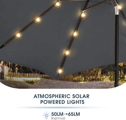 wikiwiki 7.5ft Solar Led Patio Umbrella, Sturdy Outdoor Market Umbrella for Deck, Pool, Garden w/Tilt, Crank, 18 LED Lights, Dark Gray