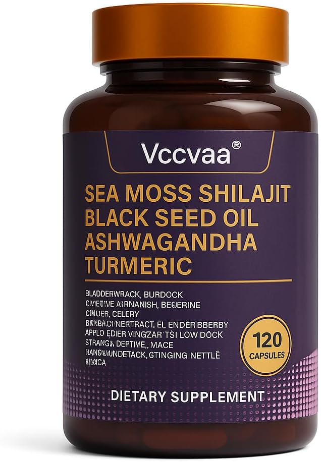 25-in-1 Sea Moss Capsules – Irish Sea Moss Black Seed Oil Ashwagandha Shilajit Ginger Turmeric Vitamin C & D3 Immune Gut, Energy Support – 120 Vegan Capsules