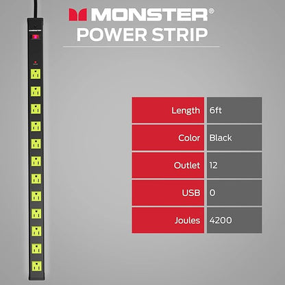 Monster Workshop Heavy-Duty Garage Power Strip Surge Protector - Mountable Heavy-Duty Wide-Spaced 12 Grounded AC Outlets with 6ft Plug Chord- 4200 Joules - ETL Listed