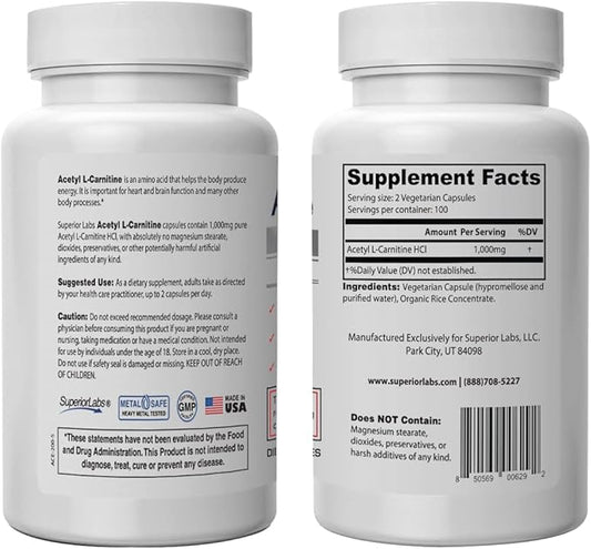 Superior Labs | Acetyl L-Carnitine 1000mg | 200 caps | Maximum Absorption | Pure Vegetable Capsules | Zero Synthetic Additives | Superior Absorption