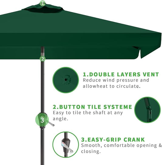 6.5 * 10FT Rectangular Patio Umbrella Table Market Umbrella w/Tilt and Crank Outdoor Umbrellas for Garden, Deck, Backyard, Pool and Beach, Dark Green