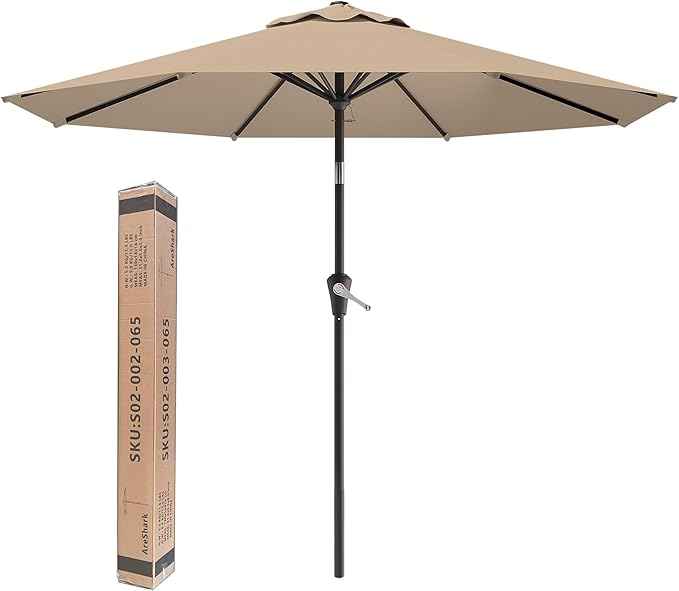 9 FT Patio Umbrella for Outdoor, Outdoor Umbrella with Push Button Tilt and Crank, Outdoor Patio Umbrellas with 8 Sturdy Ribs for Market, Garden, Deck, Backyard, Pool (Beige)