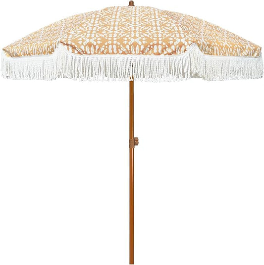 AMMSUN 7ft Patio Umbrella with Fringe Outdoor Tassel Umbrella UPF50+ Premium Steel Pole and Ribs Push Button Tilt, Retro Bohemian