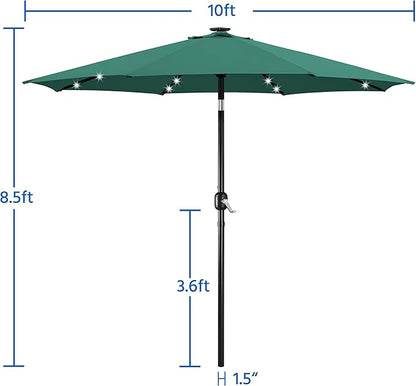 Yaheetech 10FT LED Lighted Patio Umbrella, Outdoor Solar Table Umbrella with 8 Ribs/Tilt Adjustment and Crank Lift System for Garden/Deck/Pool, Dark Green