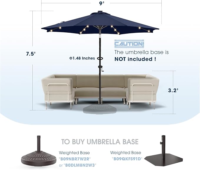 wikiwiki 9ft Solar Led Patio Umbrella, Sturdy Outdoor Market Umbrella for Deck, Pool, Garden w/Tilt, Crank, 32 LED Lights, Navy Blue