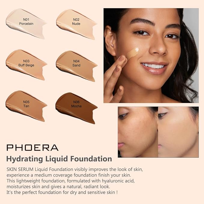 PHOERA Hydrating Serum Foundation,Hypoallergenic Flawless Soft Full Coverage