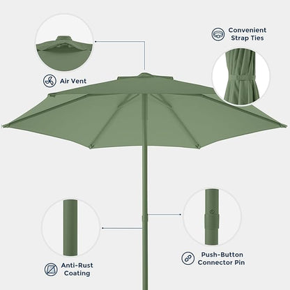 9ft Outdoor 1S Push-Up Patio Umbrella - Market Table Pool Deck Umbrella UPF50+ UV Protection with 6 Sturdy Ribs for Balcony, Garden, Lawn, Backyard (Morandi Green)