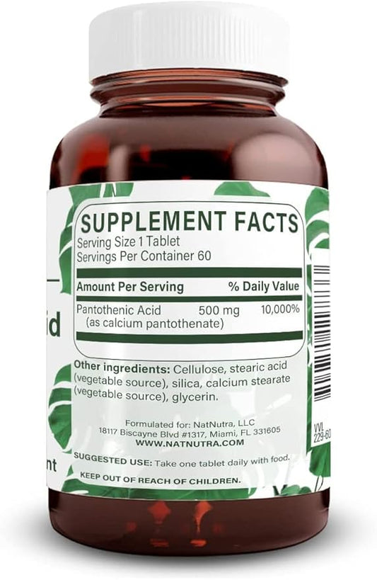 Natural Nutra Time Release Pantothenic Acid 500 mg, Vitamin B5 Supplement Helps Break Down Fat and Carbohydrates, Metabolism and Energy, Improve Muscle Health, 60 Vegetarian Tablets (2 Pack)