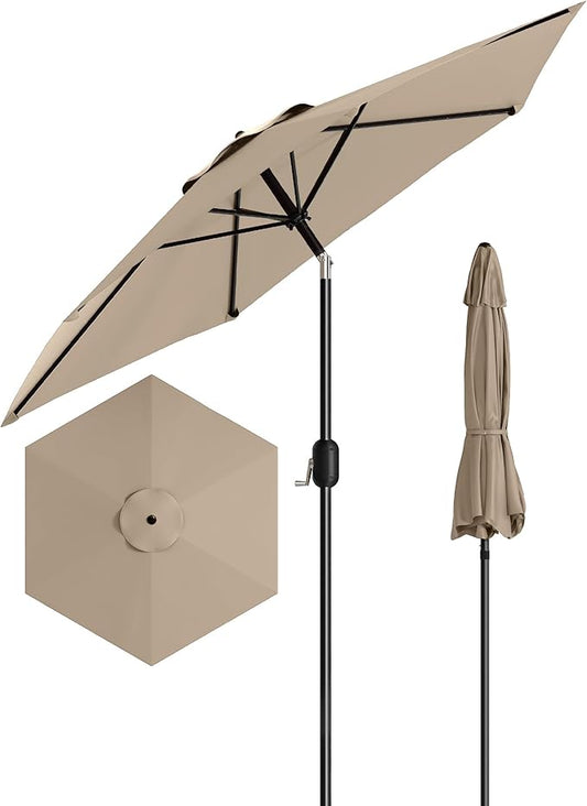 7.5FT Patio Umbrella Outdoor, Market Umbrella, Table Umbrella with Push Button Tilt and Crank, 6 Sturdy Ribs UV Protection Waterproof for Garden, Pool, Deck, Backyard (Tan)