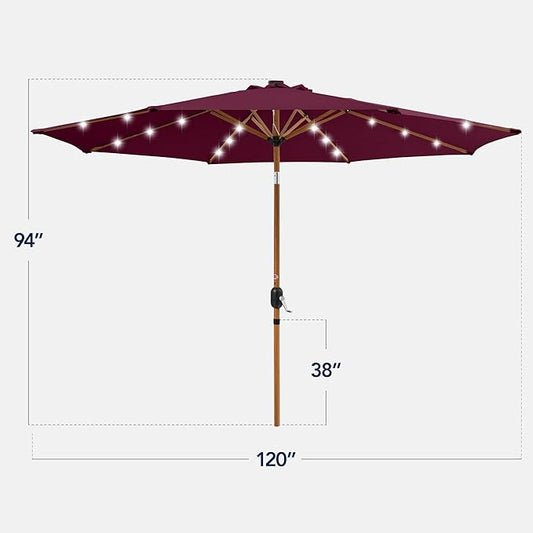 Best Choice Products 10ft Solar Market Patio Umbrella w/Woodgrain Pattern Pole, LED Lights, Tilt & Crank – Outdoor Sun Shade for Backyard Table, Deck, Poolside – Burgundy