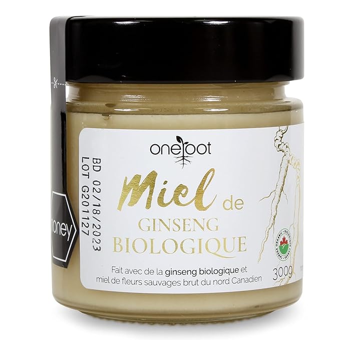 ONEROOT Organic Ginseng Infused Honey 300g (10.6oz) - Infusion of 100% Organic Northern Wildflower Raw Honey and Organic Ontario Ginseng