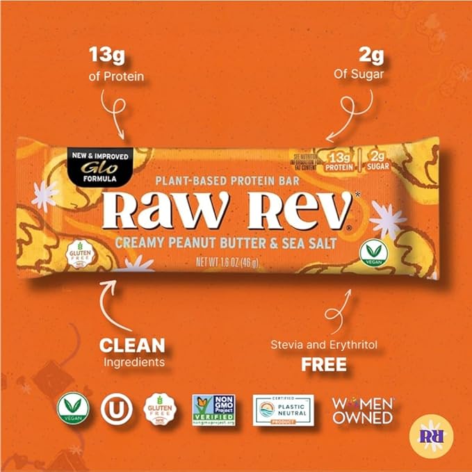 Raw Rev Vegan Protein Bars- Creamy Peanut Butter & Sea Salt, 12 bars, Non-GMO, Plastic-Neutral, Nothing Artificial, Glo Formula, Gluten-Free, Keto-Friendly, Paleo, Kosher, Soy-Free, No Sugar Alcohols, No Stevia.