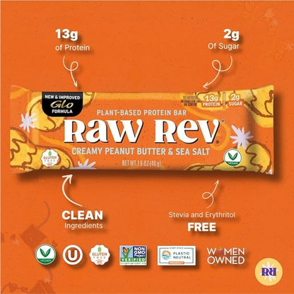 Raw Rev Vegan Protein Bars- Creamy Peanut Butter & Sea Salt, 12 bars, Non-GMO, Plastic-Neutral, Nothing Artificial, Glo Formula, Gluten-Free, Keto-Friendly, Paleo, Kosher, Soy-Free, No Sugar Alcohols, No Stevia.