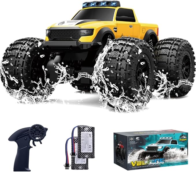 Amphibious Remote Control Car Waterproof Monster Truck Toys for Kid 4WD All Terrain Off Road RC Cars 2.4G RC Trucks 2 Batteries Drift RC Stunt Cars for Boys Age 6-12 Kids Gifts (Yellow)