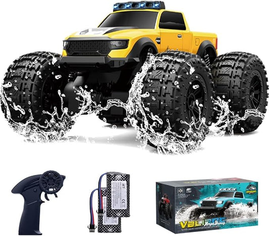 Amphibious Remote Control Car Waterproof Monster Truck Toys for Kid 4WD All Terrain Off Road RC Cars 2.4G RC Trucks 2 Batteries Drift RC Stunt Cars for Boys Age 6-12 Kids Gifts (Yellow)