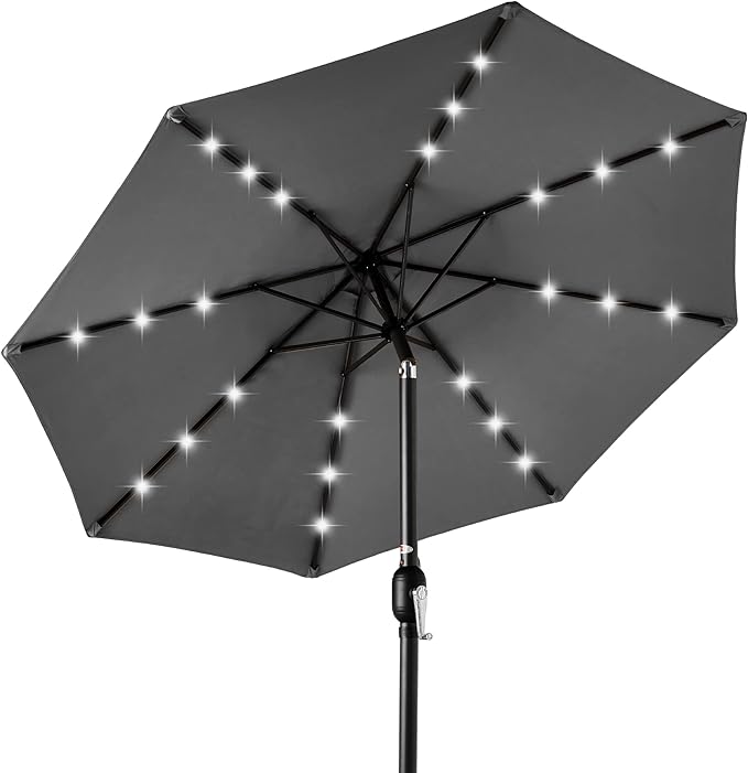 Best Choice Products 10ft Solar Polyester LED Lighted Patio Umbrella w/Tilt Adjustment and UV-Resistant Fabric - Gray