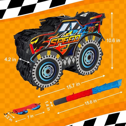 Monster Truck Pinata Car with Stick and Blindfold for Boys' Birthday Party Decoration