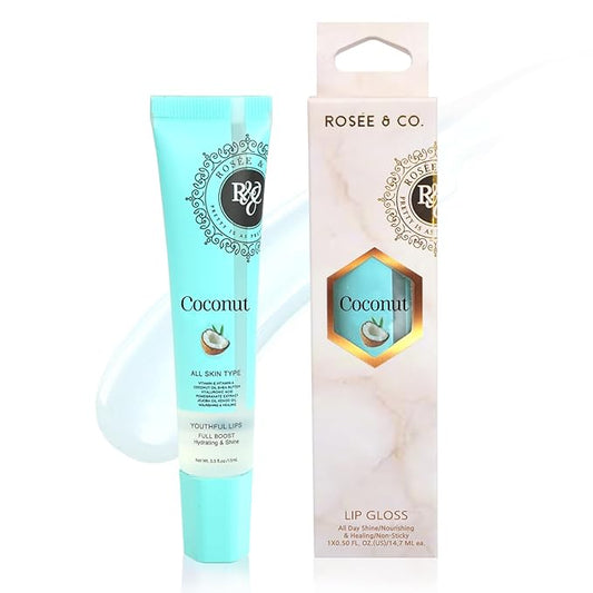 ROSÉE & CO Rosee Lip Gloss Vegan & Cruelty Free Treatment, Professional Make up, Long Lasting Glossy with Shea Butter, Moisturize, Protect & Smooth, High Shine, Non-Sticky (c.Coconut, 0.5)