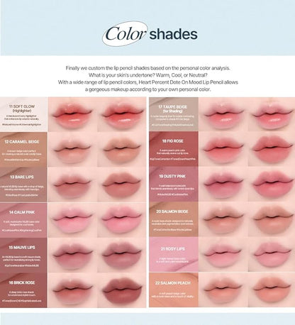Heart Percent Dote On Mood Lip Pencil, Long-Lasting Creamy Lip Crayon Smooth Color Liner Retractable Lipstick Pencil 0.8g, #12. Caramel Beige