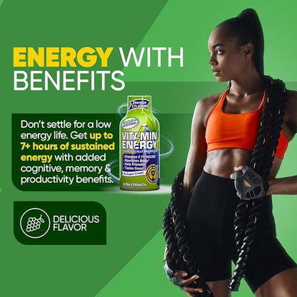 Vitamin Energy Focus+ Extra Strength Daily Energy Shot – Blue Raspberry – 260mg Natural Caffeine, 100% DV B-Vitamins – Focus & Productivity Support – Zero Sugar, Vegan, Kosher – 1.93 fl oz, 24-Pack