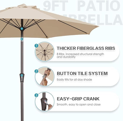 PatioKingdom 9FT Patio Outdoor Umbrella-UPF 50+ Sun Shade with Wind Vent, Push-Button Tilt & Smooth Crank Lift, Rust-Resistant Fiberglass Frame for Garden, Backyard,Yard