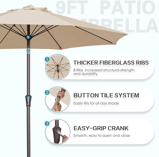 PatioKingdom 9FT Patio Outdoor Umbrella-UPF 50+ Sun Shade with Wind Vent, Push-Button Tilt & Smooth Crank Lift, Rust-Resistant Fiberglass Frame for Garden, Backyard,Yard