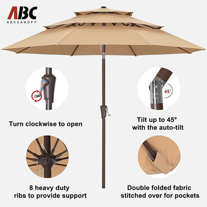 ABCCANOPY 11Ft 3 Tiers Market Umbrella Patio Umbrella Outdoor Table Umbrella (Khaki)