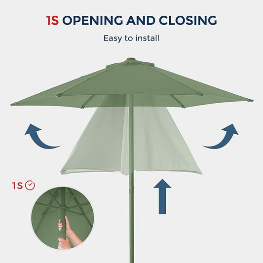 7.5ft Outdoor 1S Push-Up Patio Umbrella - Market Table Pool Deck Umbrella UPF50+ UV Protection with 6 Sturdy Ribs for Balcony, Garden, Lawn, Backyard (Morandi Green)