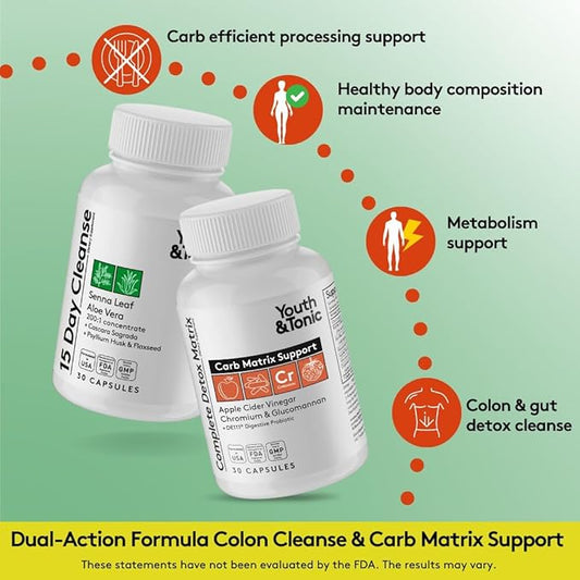 Youth & Tonic 15 Day Cleanse & Carb Matrix Support for Bloating, Gut & Metabolism Health, Break The Plateau, Feel Lighter & Energized, Colon Cleanser & Detox with ACV, Glucomannan, Chromium, 60 Pills