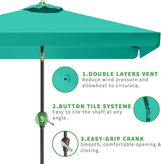 6.5 * 10FT Rectangular Patio Umbrella Table Market Umbrella w/Tilt and Crank Outdoor Umbrellas for Garden, Deck, Backyard, Pool and Beach, Cerulean