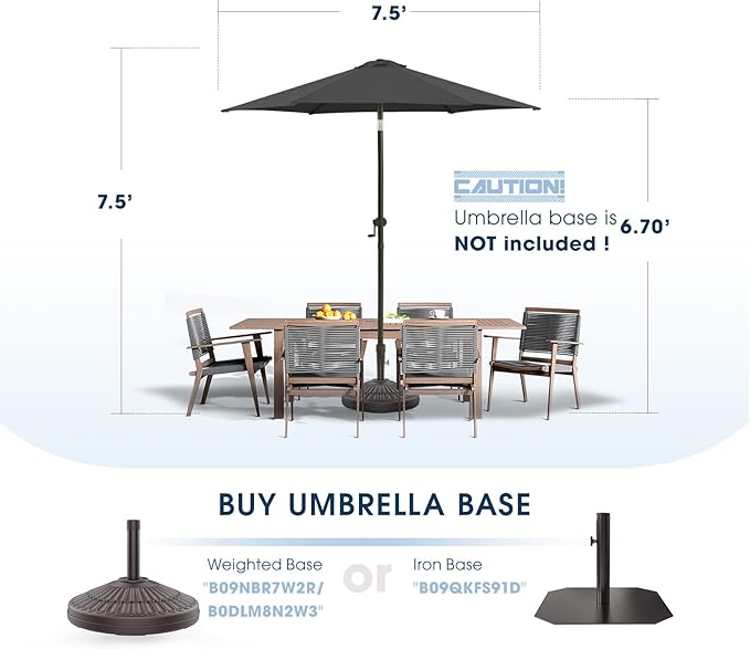 wikiwiki 7.5 FT Patio Umbrellas Outdoor Table Market Umbrella with Push Button Tilt/Crank, 6 Sturdy Ribs, Fade Resistant Waterproof POLYESTER DTY Canopy for Garden, Lawn, Backyard & Pool, Dark Gray