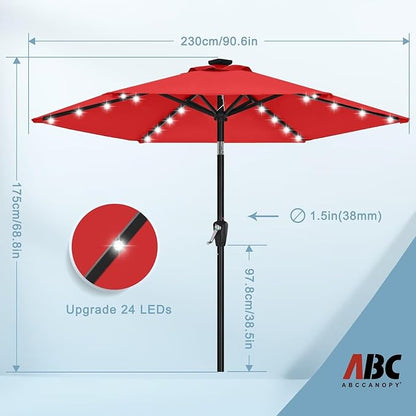 ABCCANOPY Durable Solar Led Patio Umbrellas with 24LED Lights 7.5FT with 6 Sturdy Ribs (Logo Red)
