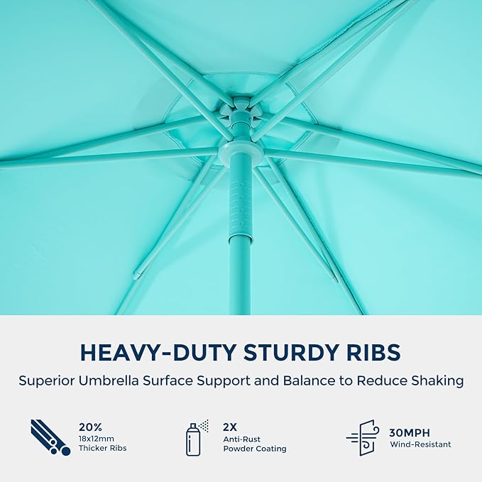 7.5ft Outdoor 1S Push-Up Patio Umbrella - Market Table Pool Deck Umbrella UPF50+ UV Protection with 6 Sturdy Ribs for Balcony, Garden, Lawn, Backyard (Tiffany Blue)