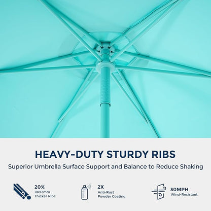7.5ft Outdoor 1S Push-Up Patio Umbrella - Market Table Pool Deck Umbrella UPF50+ UV Protection with 6 Sturdy Ribs for Balcony, Garden, Lawn, Backyard (Tiffany Blue)