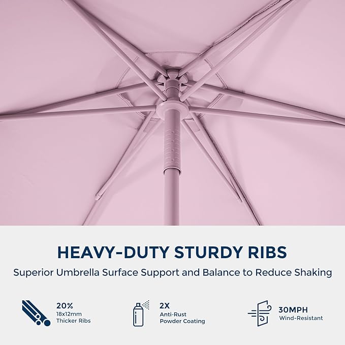 7.5ft Outdoor 1S Push-Up Patio Umbrella - Market Table Pool Deck Umbrella UPF50+ UV Protection with 6 Sturdy Ribs for Balcony, Garden, Lawn, Backyard (Light Pink)