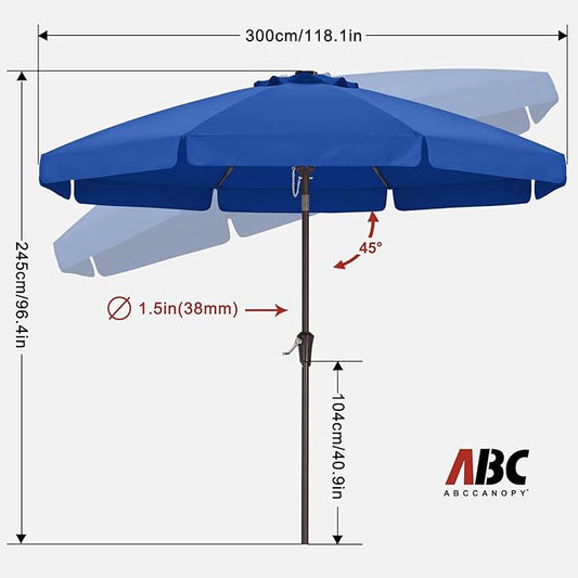 ABCCANOPY Patio Umbrella 10ft, Outdoor Table Umbrella with Push Button Tilt and Crank, 8 Ribs Umbrella for Patio Pool Garden Deck (Blue)