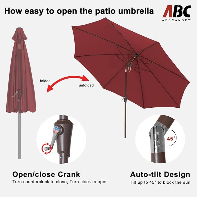 ABCCANOPY 10FT Patio Umbrella, Outdoor Waterproof Table Umbrella with Push Button Tilt and Crank, 8 Ribs UV Protection Pool Umbrella for Garden, Lawn, Deck & Backyard (Burgundy)