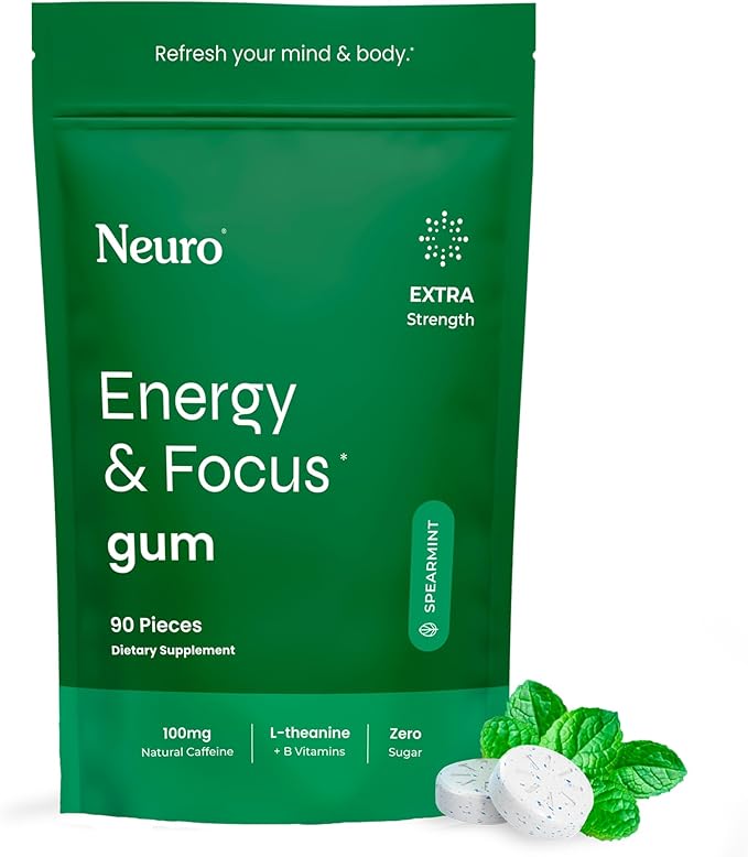Neuro Energy Caffeine Gum (90 Pieces) - Sugar Free with L-theanine + Natural Caffeine + Vitamin B12 & B6 - Nootropic Energy & Focus Supplement for Women & Men - Extra Strength Spearmint Flavor