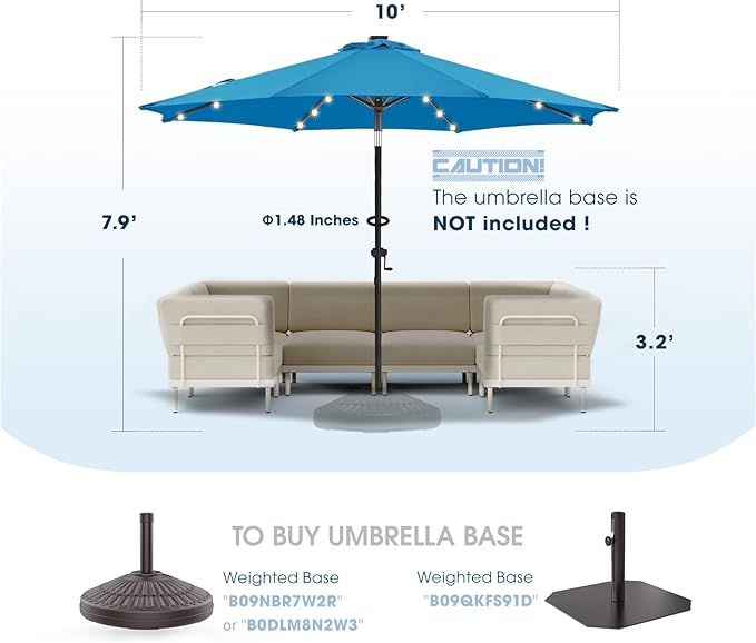 wikiwiki 10ft Solar Led Patio Umbrella, Sturdy Outdoor Market Umbrella for Deck, Pool, Garden w/Tilt, Crank, 32 LED Lights, Royal Blue