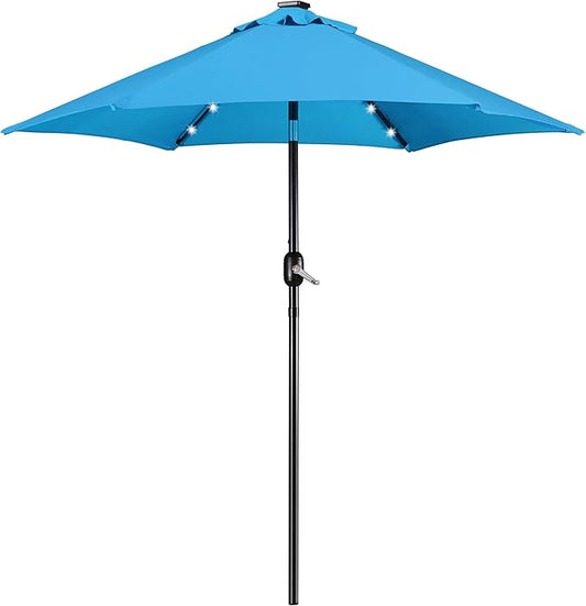 Yaheetech 7.5FT Solar Umbrella LED Lighted Patio Umbrella Waterproof & UV Protection, Market Sunshade w/Tilt and Crank for Backyard, Deck and Pool, Sky Blue