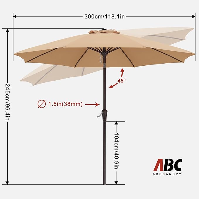 ABCCANOPY 10FT Patio Umbrella, Waterproof Table Umbrella with Push Button Tilt and Crank, 8 Ribs UV Protection Pool Umbrella for Garden, Lawn, Deck & Backyard (Khaki)