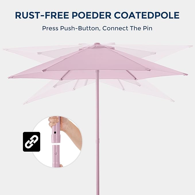 7.5ft Outdoor 1S Push-Up Patio Umbrella - Market Table Pool Deck Umbrella UPF50+ UV Protection with 6 Sturdy Ribs for Balcony, Garden, Lawn, Backyard (Light Pink)