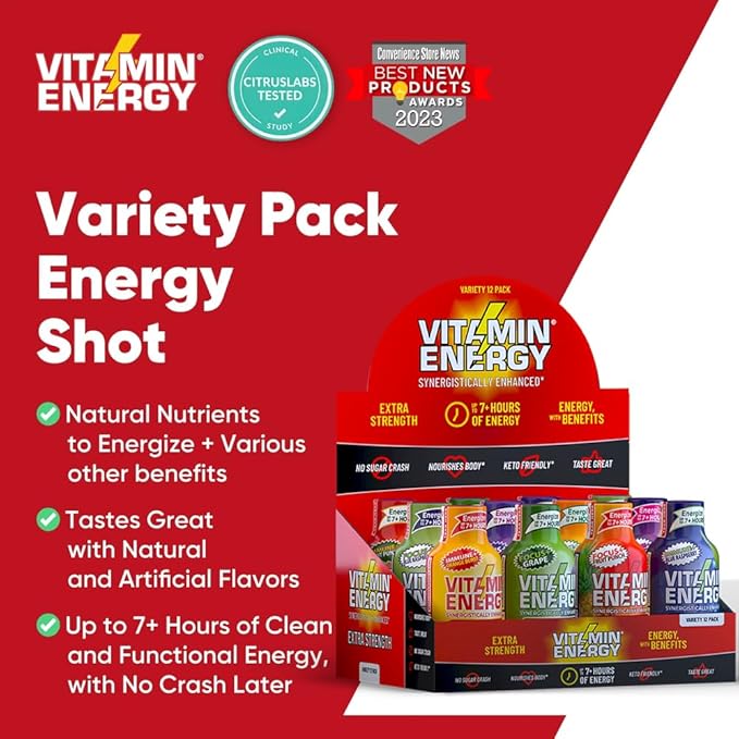 Vitamin Energy Extra Strength Daily Energy Shot – Variety Pack – 260mg Caffeine, B-Vitamins, Vitamin D, Rhodiola – Mood, Focus, Strength, Immunity – Zero Sugar, Vegan, Kosher – 1.93 fl oz, 12-Pack