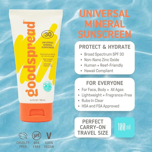 Goodspread Universal Mineral Sunscreen SPF 30 with Zinc Oxide | Reef Safe Hawaii Act 104 Compliant | Broad Spectrum Body + Face Lotion | Hydrating + Rubs in Clear | Vegan + Cruelty Free (3.4 fl. oz.)