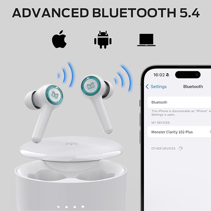 Monster Clarity 102 Plus Wireless Earbuds, Bluetooth Headphones with HiFi Stereo, 4 ENC Mic for Crystal Clear Call, 30H Playtime, Type-C Charging, IPX6 Waterproof in-Ear Ear Buds for Sports (White)