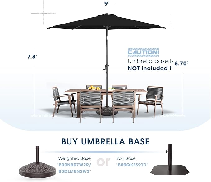 wikiwiki 9 FT Patio Umbrellas Outdoor Table Market Umbrella with Push Button Tilt/Crank,8 Sturdy Ribs, Fade Resistant Waterproof POLYESTER DTY Canopy for Garden, Lawn, Deck, Backyard & Pool, Black